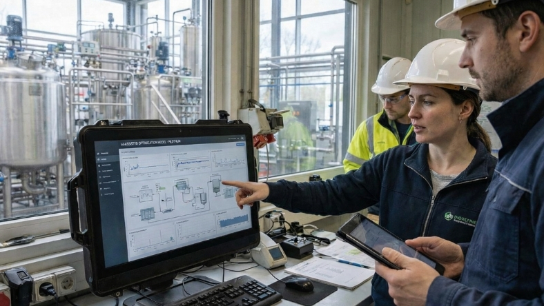Engineers reviewing process data on a control screen in a biofuel plant