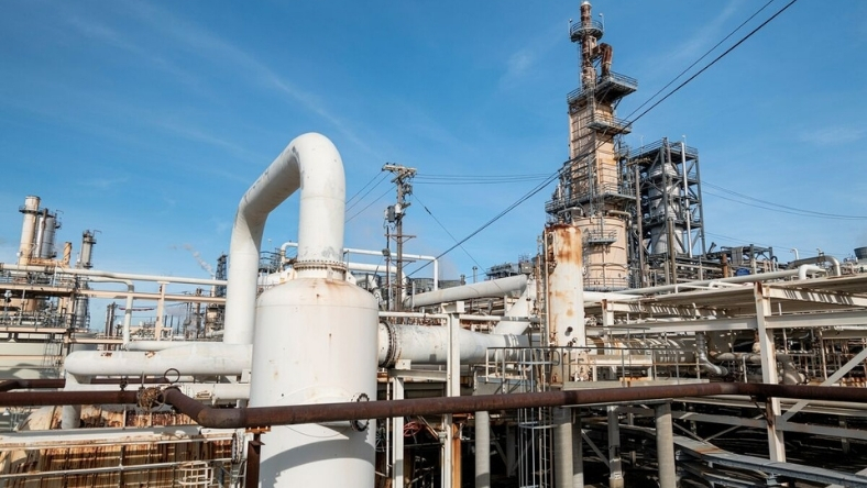 Oil refinery facility with pipes and industrial towers