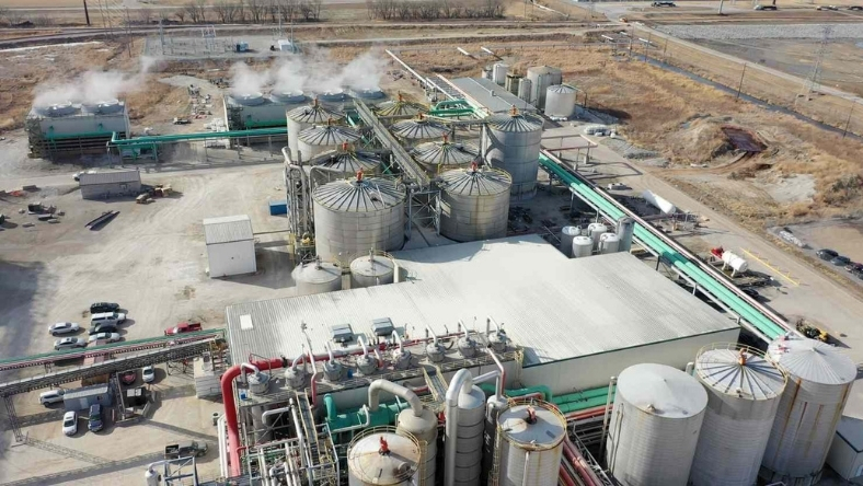 Industrial ethanol plant with storage tanks and piping