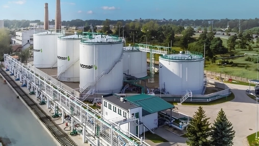 NorSAF storage tanks and process pipework at the Latvia sustainable aviation fuel facility seen from the air
