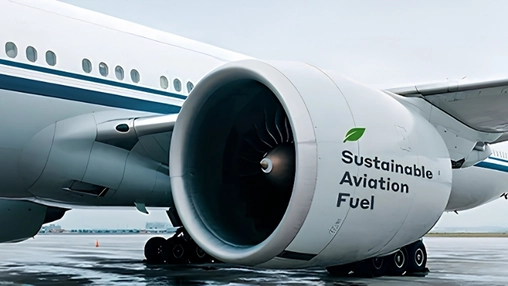 A commercial aircraft engine with a Sustainable Aviation Fuel label and green leaf on the engine casing